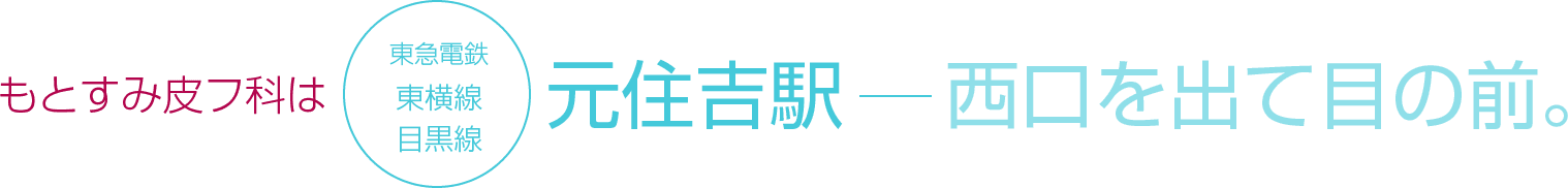 もとすみ皮フ科は東急電鉄東横線、目黒線 元住吉駅 西口を出て目の前