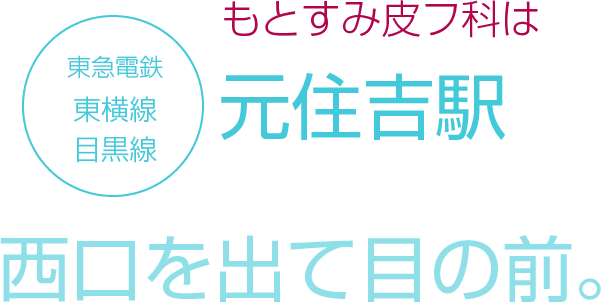 もとすみ皮フ科は東急電鉄東横線、目黒線 元住吉駅 西口を出て目の前